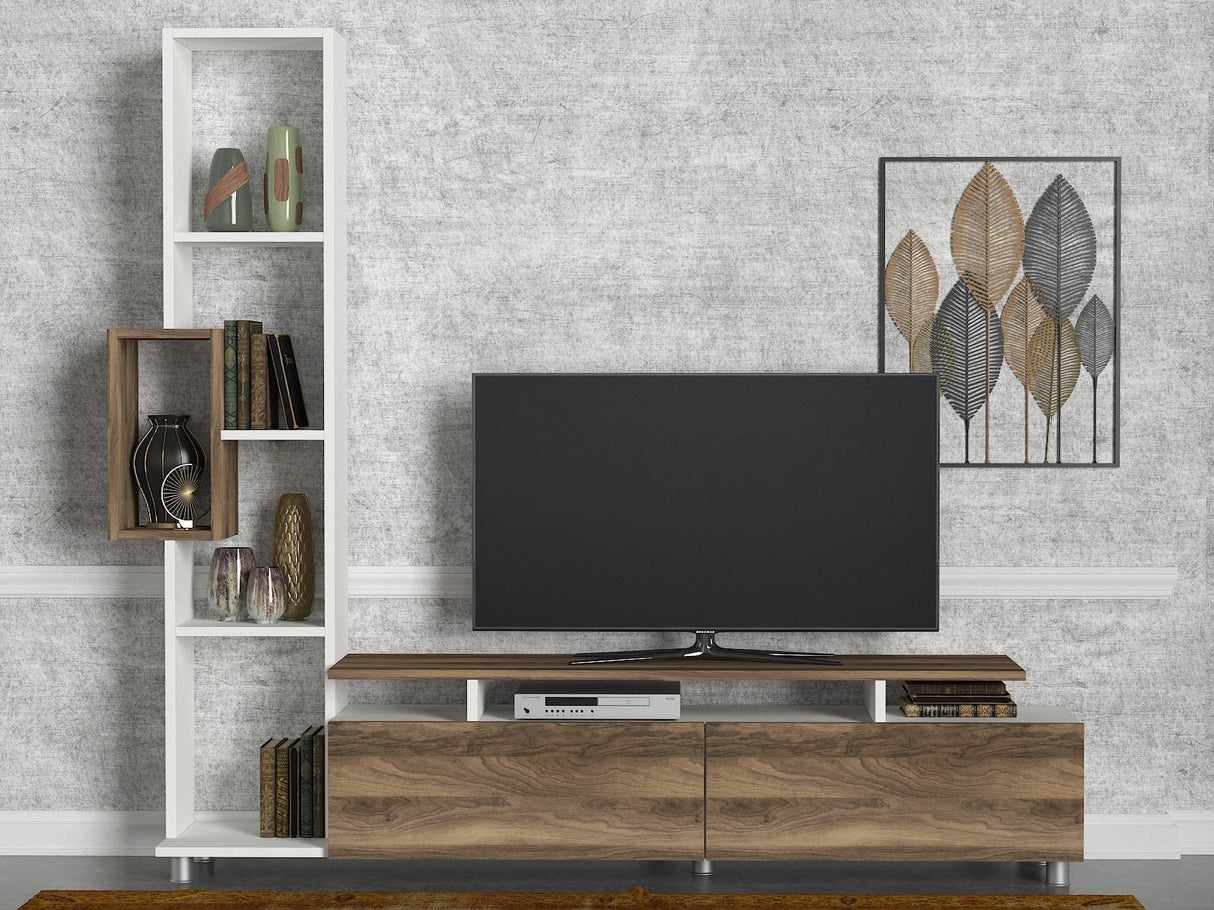 TV Meubels - TV Meubel Set Tulip Wit Walnoot Melamine 160x166,7x29,5 cm - Dimehouse