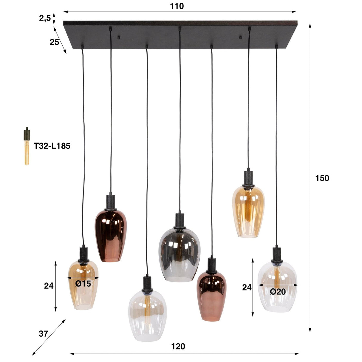 Hanglamp 7-lichts gekleurd glas Ayaz