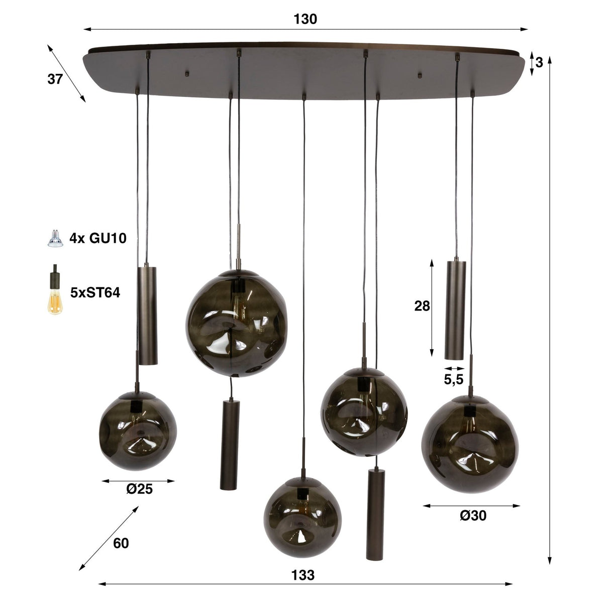 Stellar hanging lamp in sienna brown with 9 light points