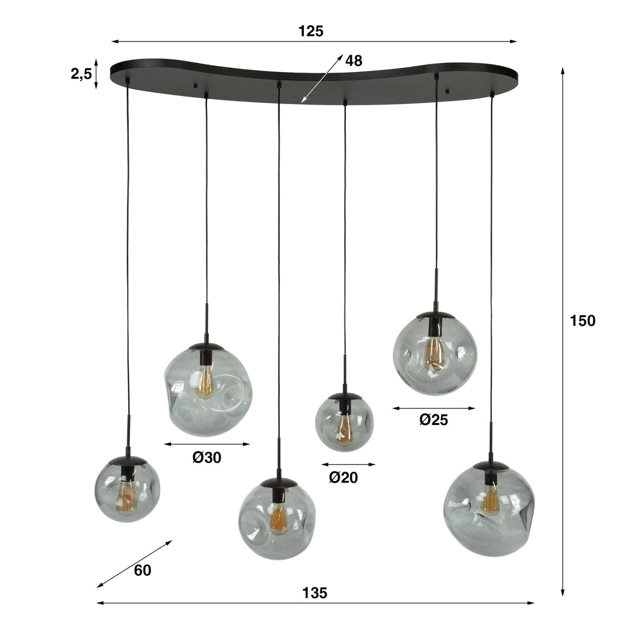 Hanglampen - Industriële Hanglamp Nova Zwart 6 - lichts Balk 135 cm - Dimehouse