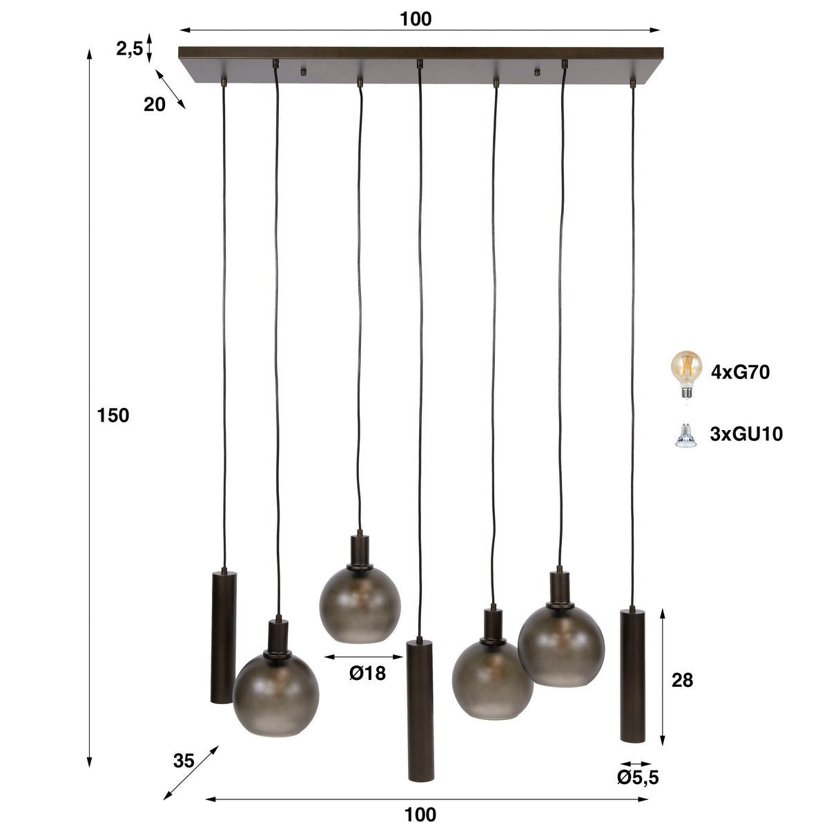 Pendant lamp Orion 7-lights – Black Metal – 110 cm