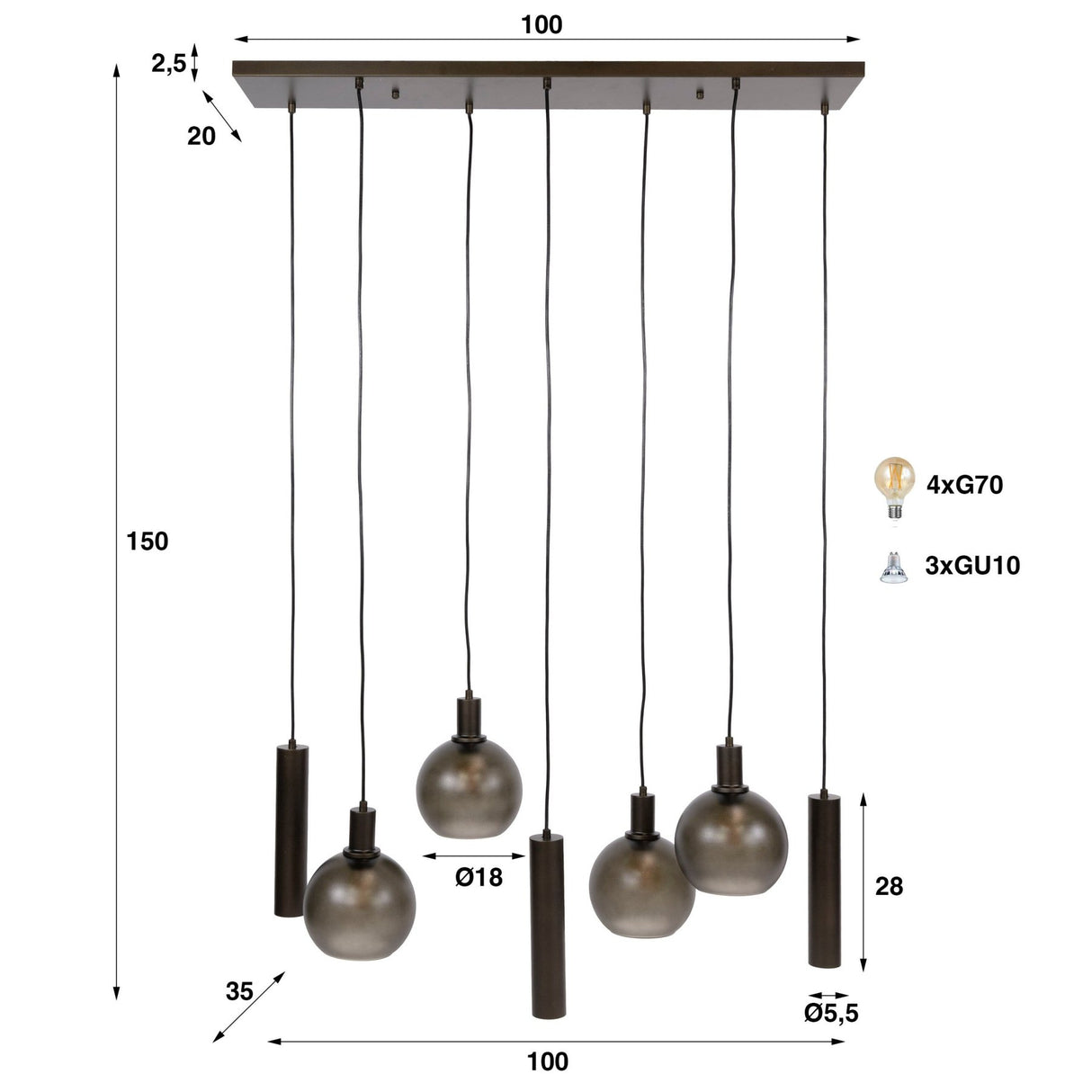 Hanging lamp 7-light brown frosted glass bronze metal Valeo 110 cm