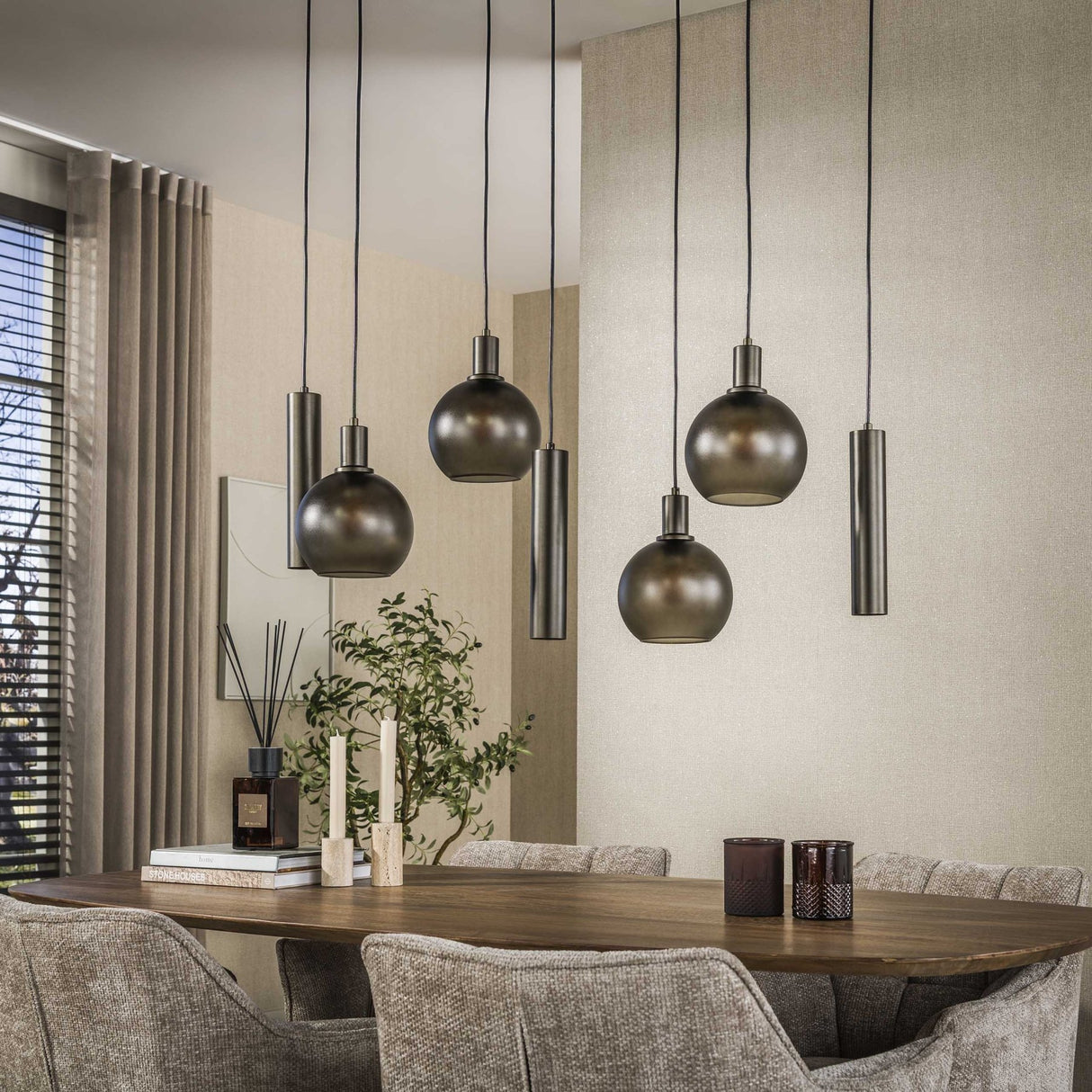 Hanging lamp 7-light brown frosted glass bronze metal Valeo 110 cm