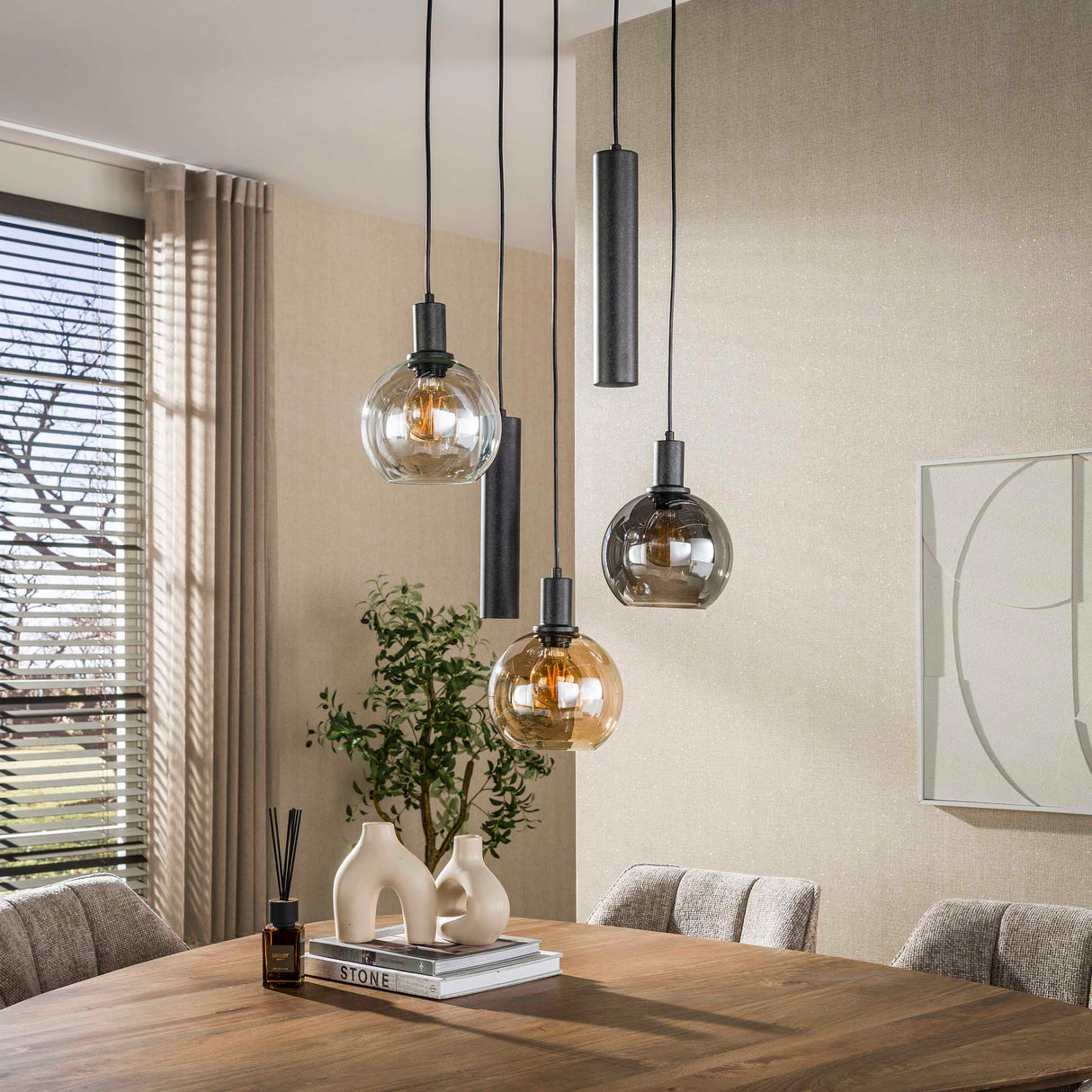 Hanglamp 5-lichts getrapt gekleurd glas zwart metaal Valeo
