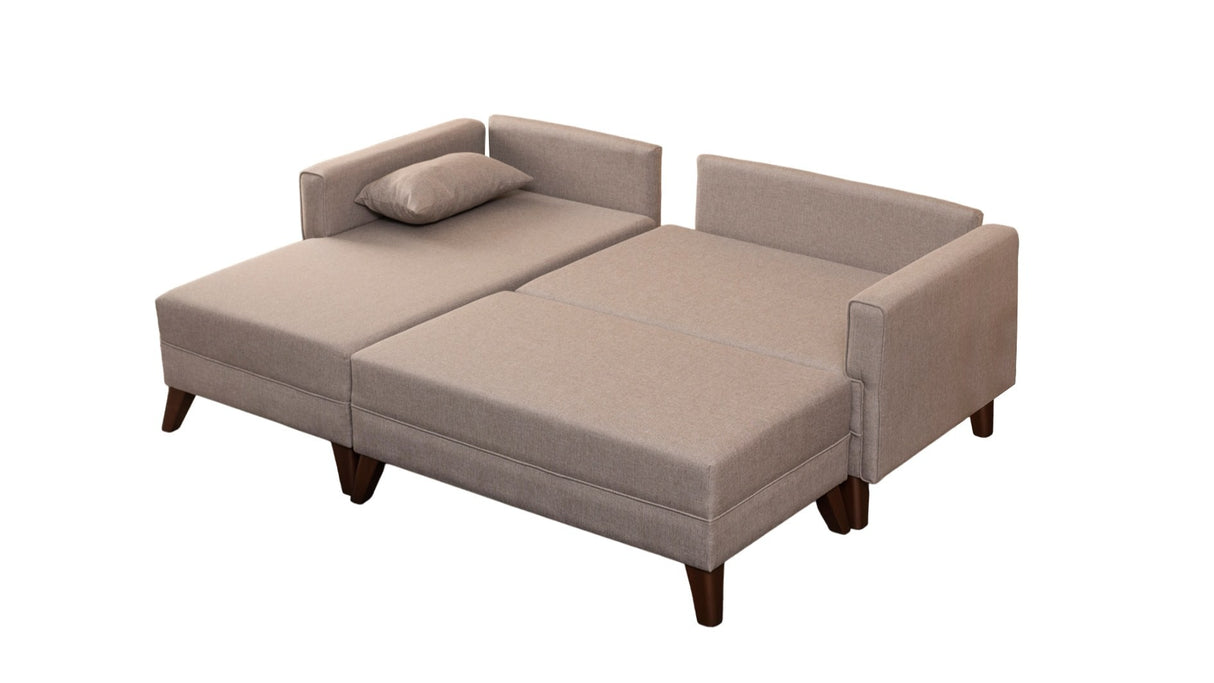Champagne fabric sofa bed - two seater - including ottoman - left facing - Bella