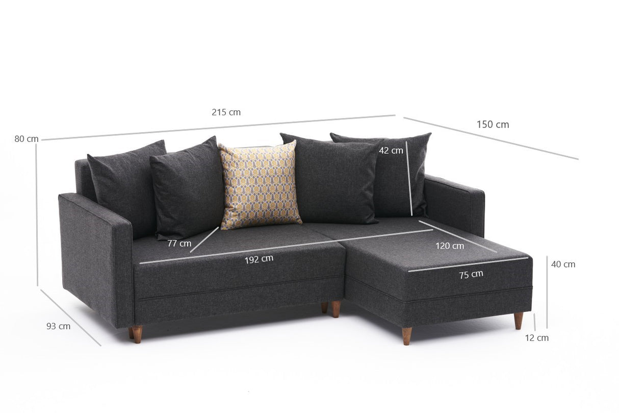 Anthracite fabric sofa bed – double – compact 215 x 150 cm – Right – Aydam