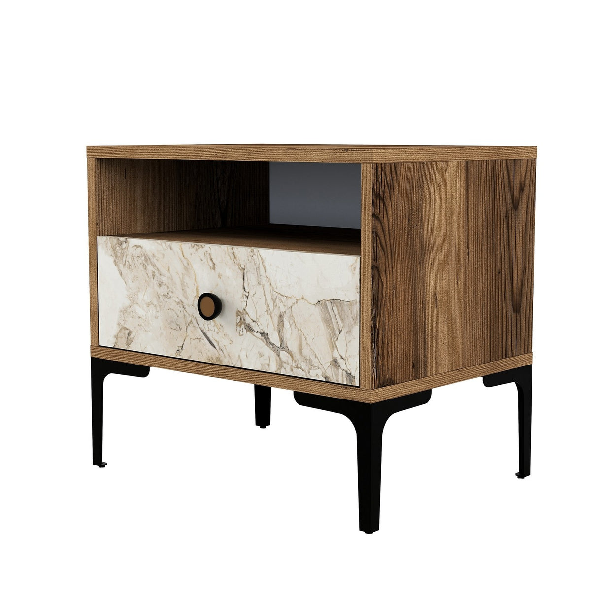 Nachtkastjes - Nachtkastje Lizbon Walnoot Wit Marmer Melamine 56x50,8x40 cm - Dimehouse
