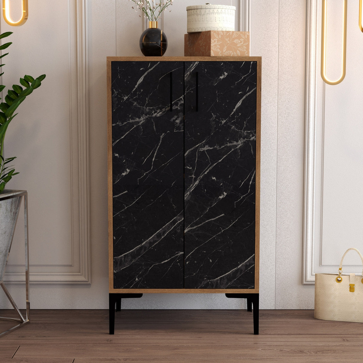 Schoenenkasten - Schoenenkast Prag Walnoot Zwart Melamine 60x111x35 cm - Dimehouse