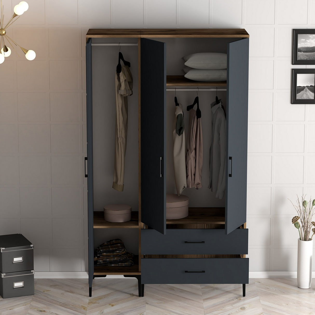 Wardrobe Kumual PT Walnut Anthracite Melamine 120x47.5x201.4 cm