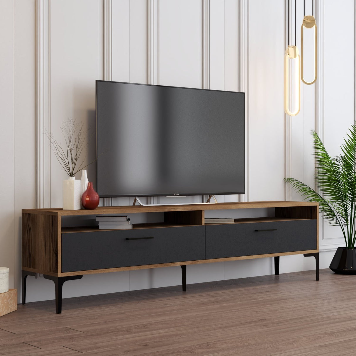 TV furniture set Gebze Walnut Anthracite Melamine 180x35x47 cm