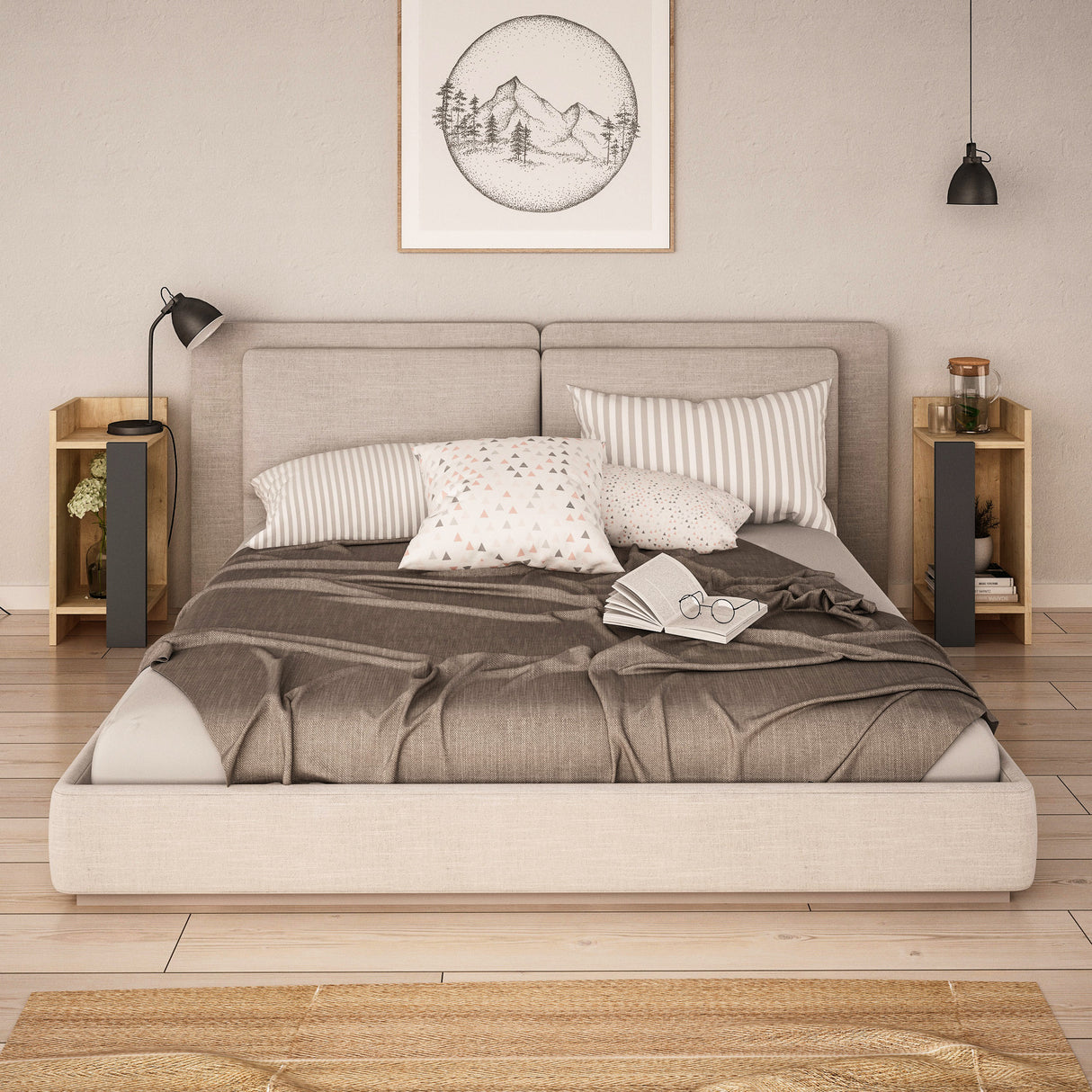 Nachtkastjes - Nachtkastje Set van 2 Elos Eik Antraciet Melamine 25x60x27 cm - Dimehouse