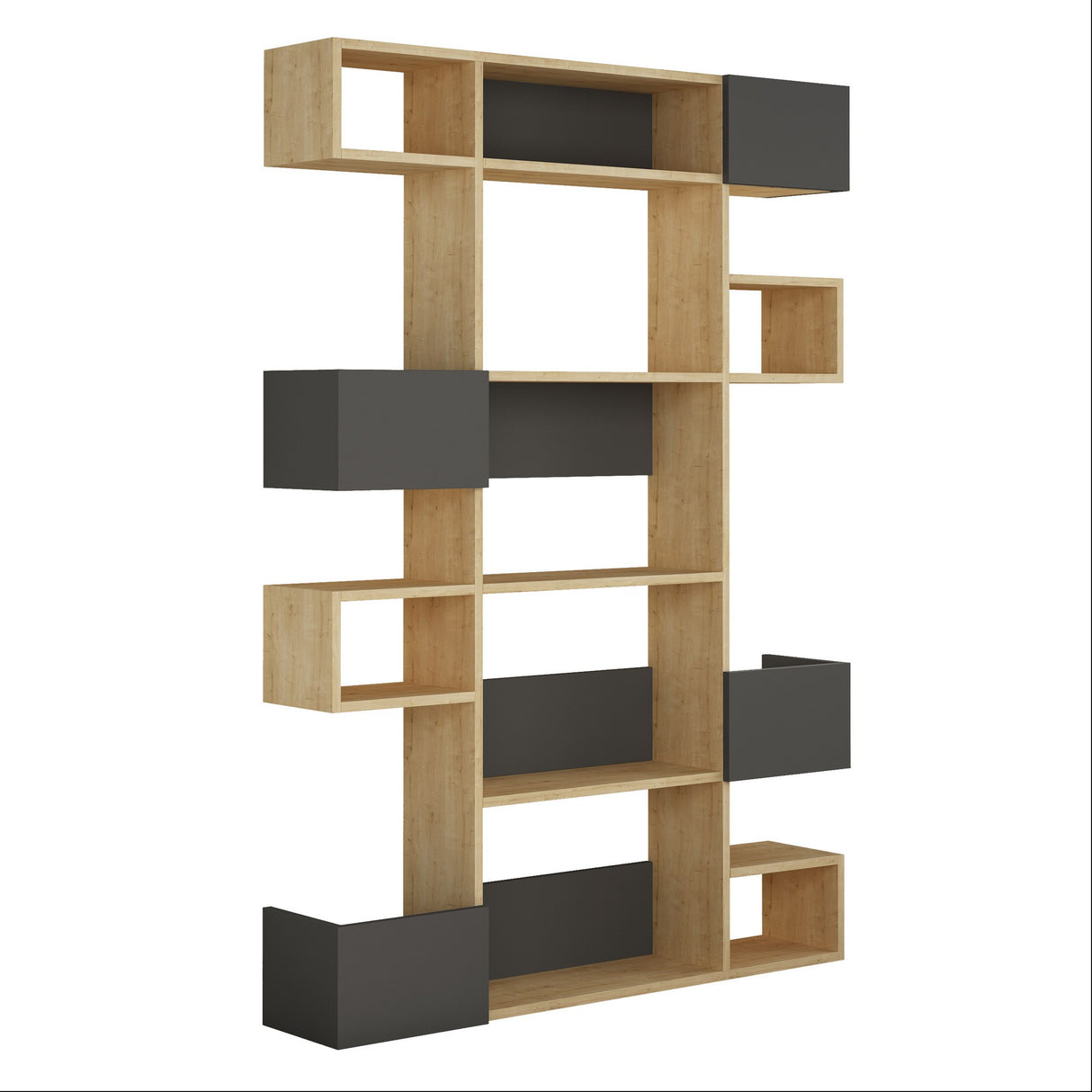Boekenkasten - Moderne boekenkast met asymmetrische vakken eiken antraciet melamine Niho 120x171x20 cm - Dimehouse