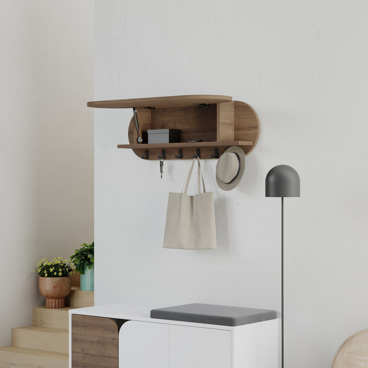 Coat Rack Oval 6-Hook - Hitit - 84x29 cm - With Compartment