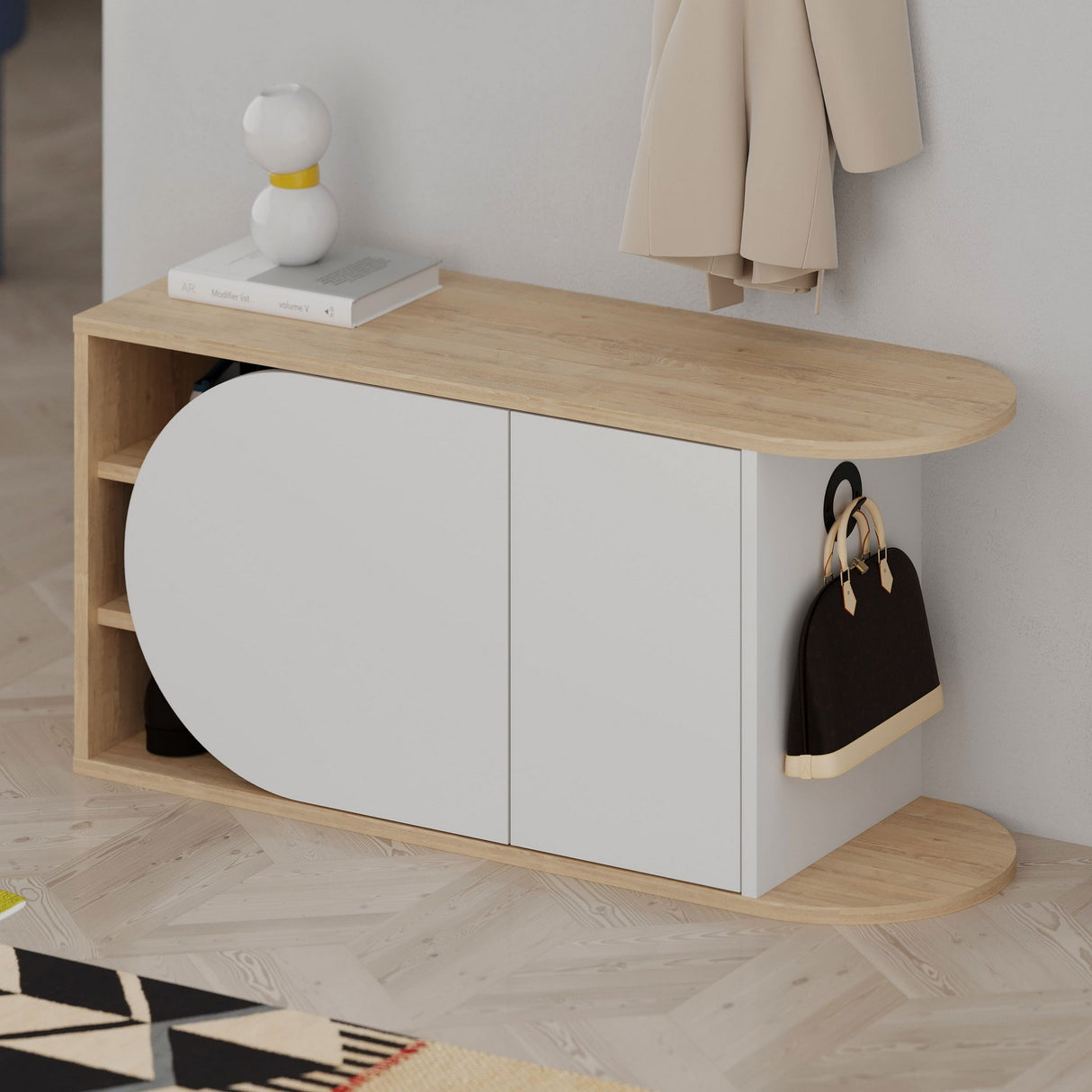 Schoenenkasten - Schoenenkast Nova Shoe Bench Eik Wit Melamine 104x50x37 cm - Dimehouse