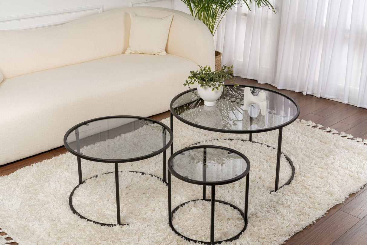 Modern Coffee Table Set of 3 Uru Black - Grey Glass - 80/60/42 cm