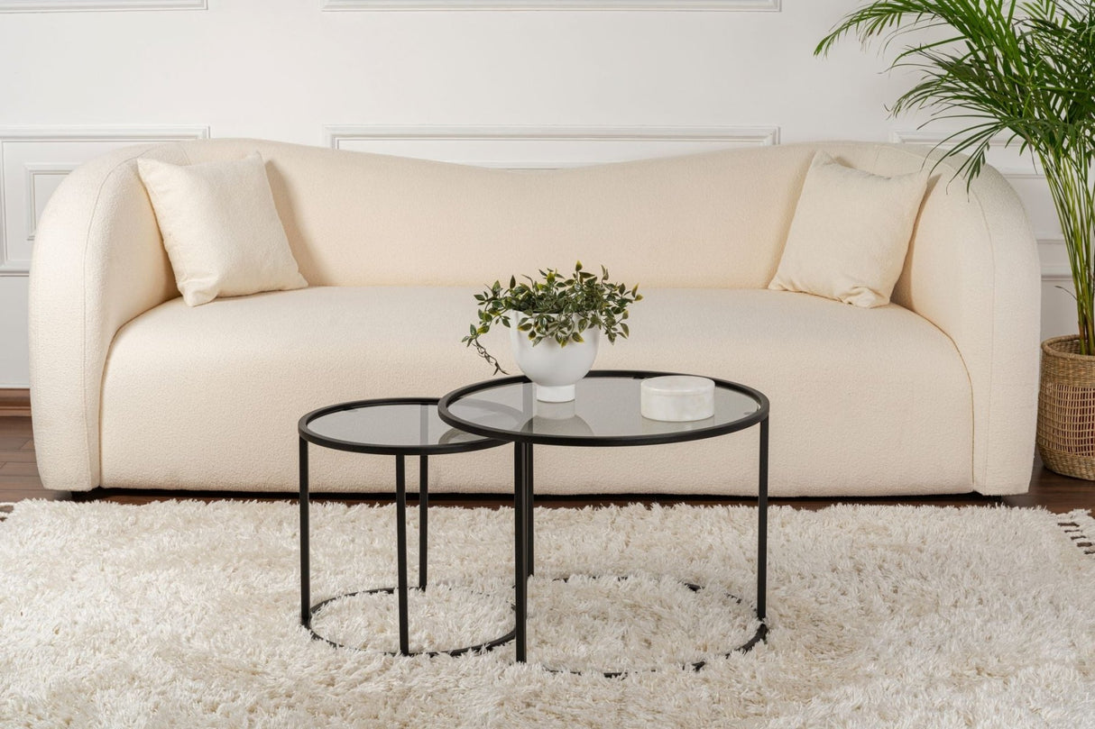 Modern Round Coffee Table Set of 2 Uru Black - Gray Glass - 60/42 cm