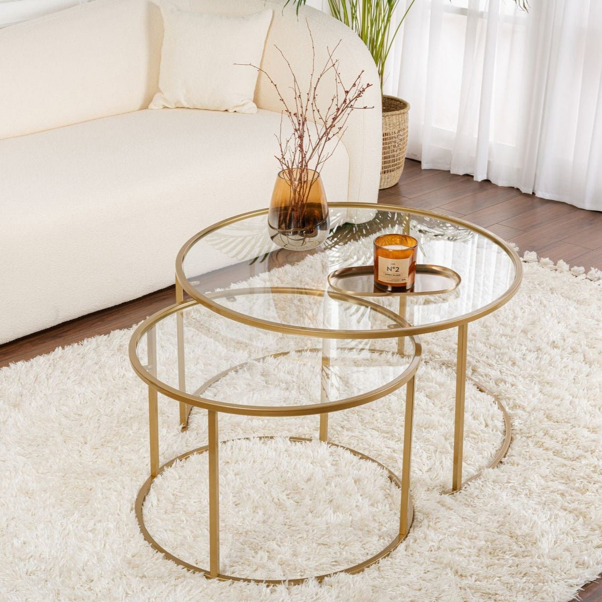 Modern Round Coffee Table Set of 2 Uru Gold - Transparent Glass - 80/60 cm