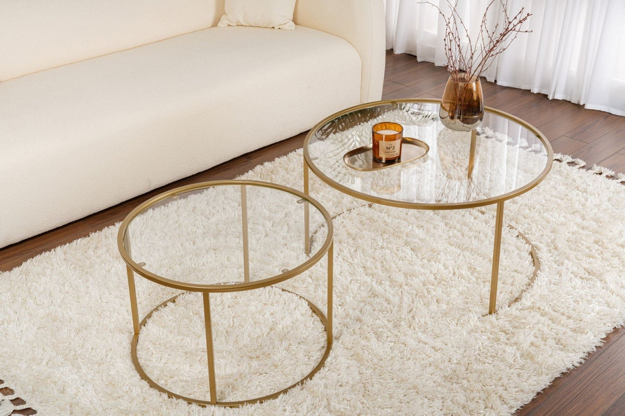 Modern Round Coffee Table Set of 2 Uru Gold - Transparent Glass - 80/60 cm