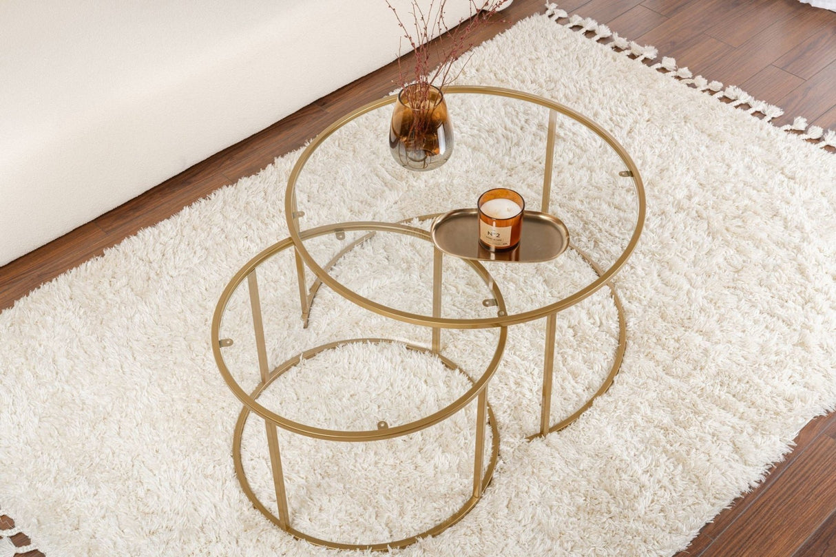 Modern Round Coffee Table Set of 2 Uru Gold - Transparent Glass - 80/60 cm