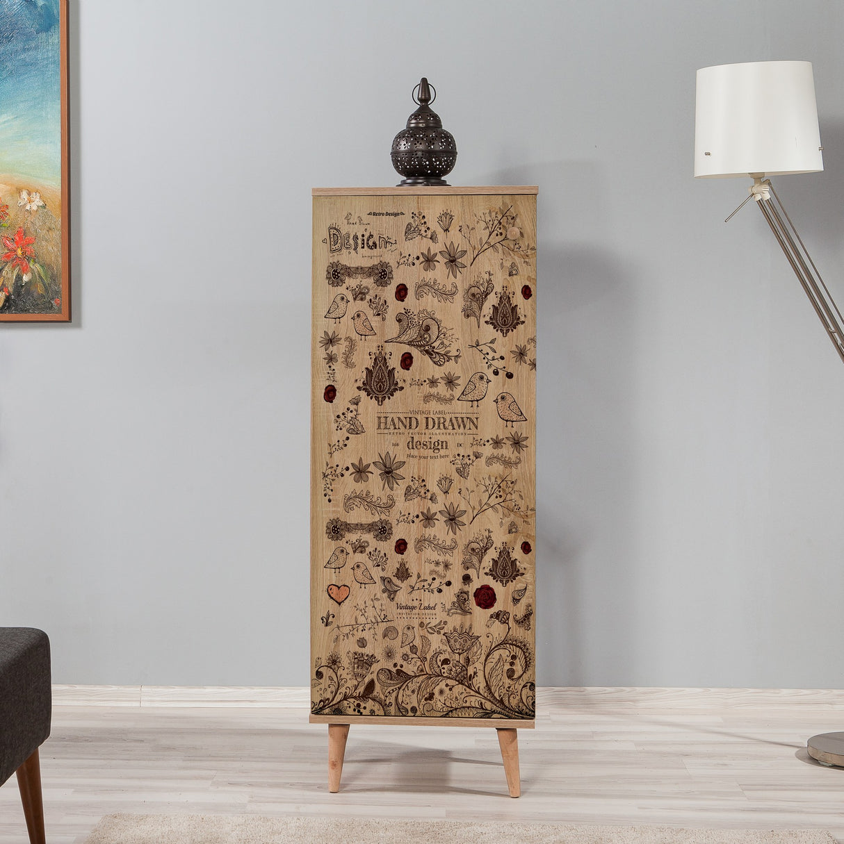 Shoe cabinets - Shoe cabinet Filinta Sonoma Oak Drawing Melamine 50x135x38 cm - Dimehouse