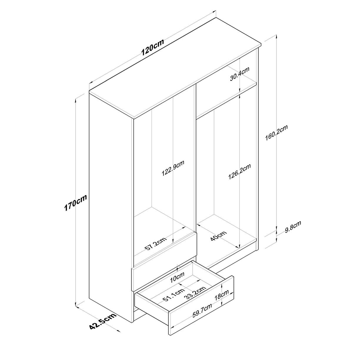 Wardrobe Aspen Walnut White Melamine 120x170x42.5 cm