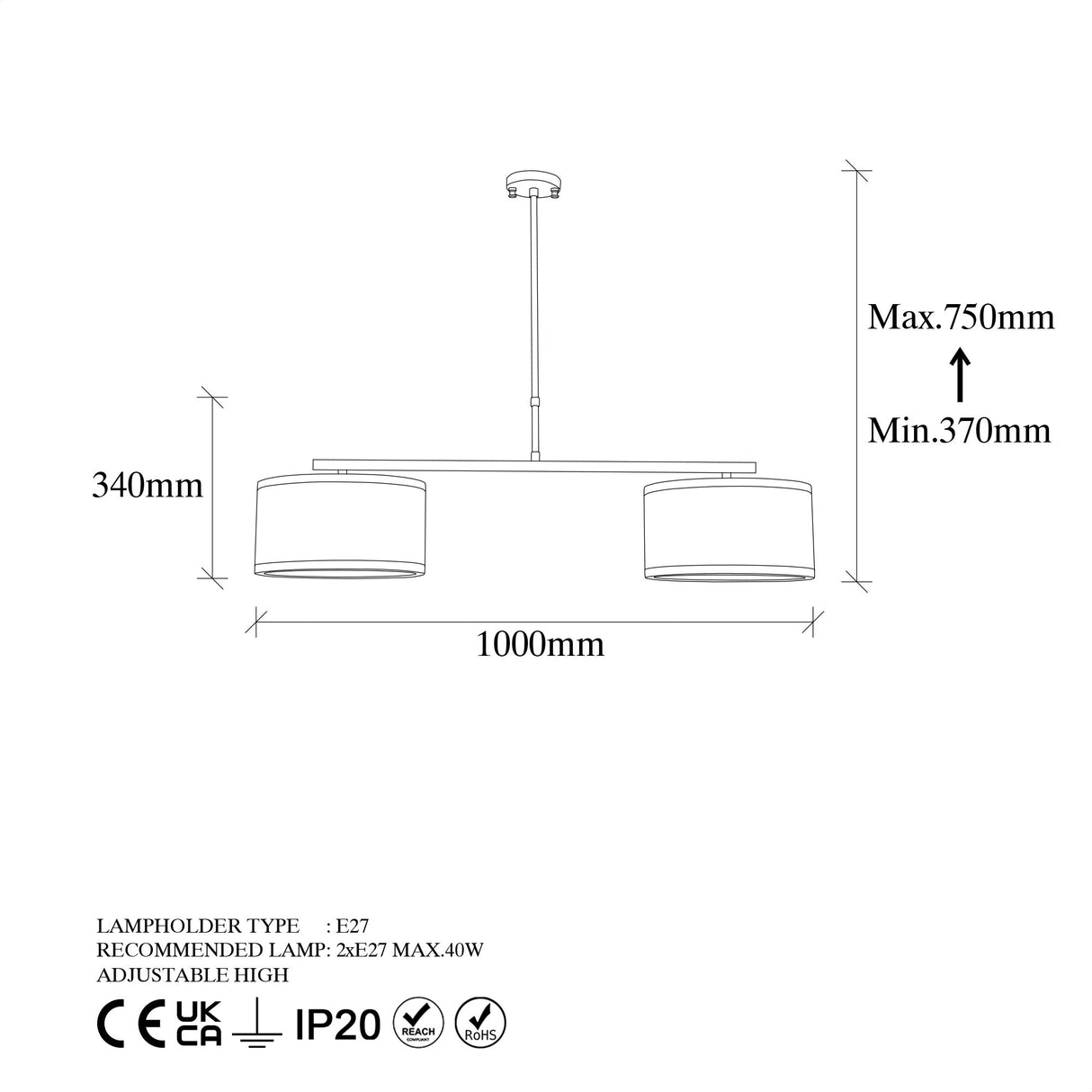 Pendant lamp 2-light Bronze-colored Fabric Frost