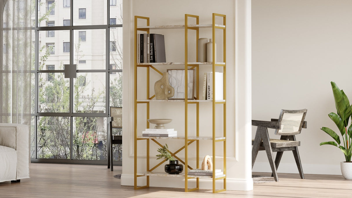Boekenkasten - Boekenkast Valdis Marmer Wit Goud Melamine 87,5x175x30 cm - Dimehouse