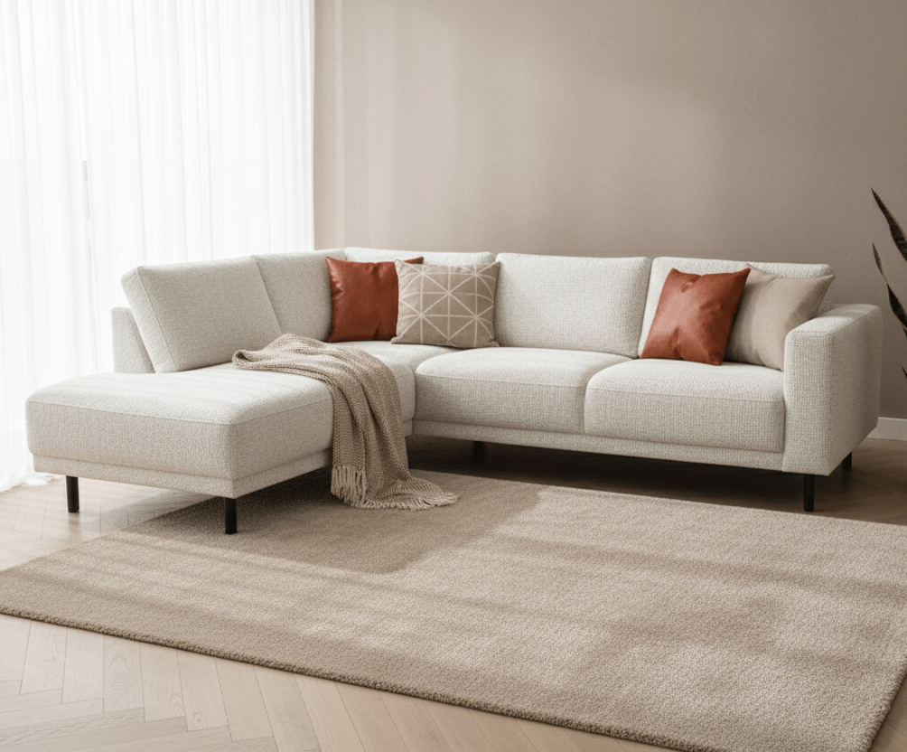 Banken - Moderne 3 - zits Hoekbank Links Beige Stof Aniko met Lounger 240x197x78 cm - Dimehouse
