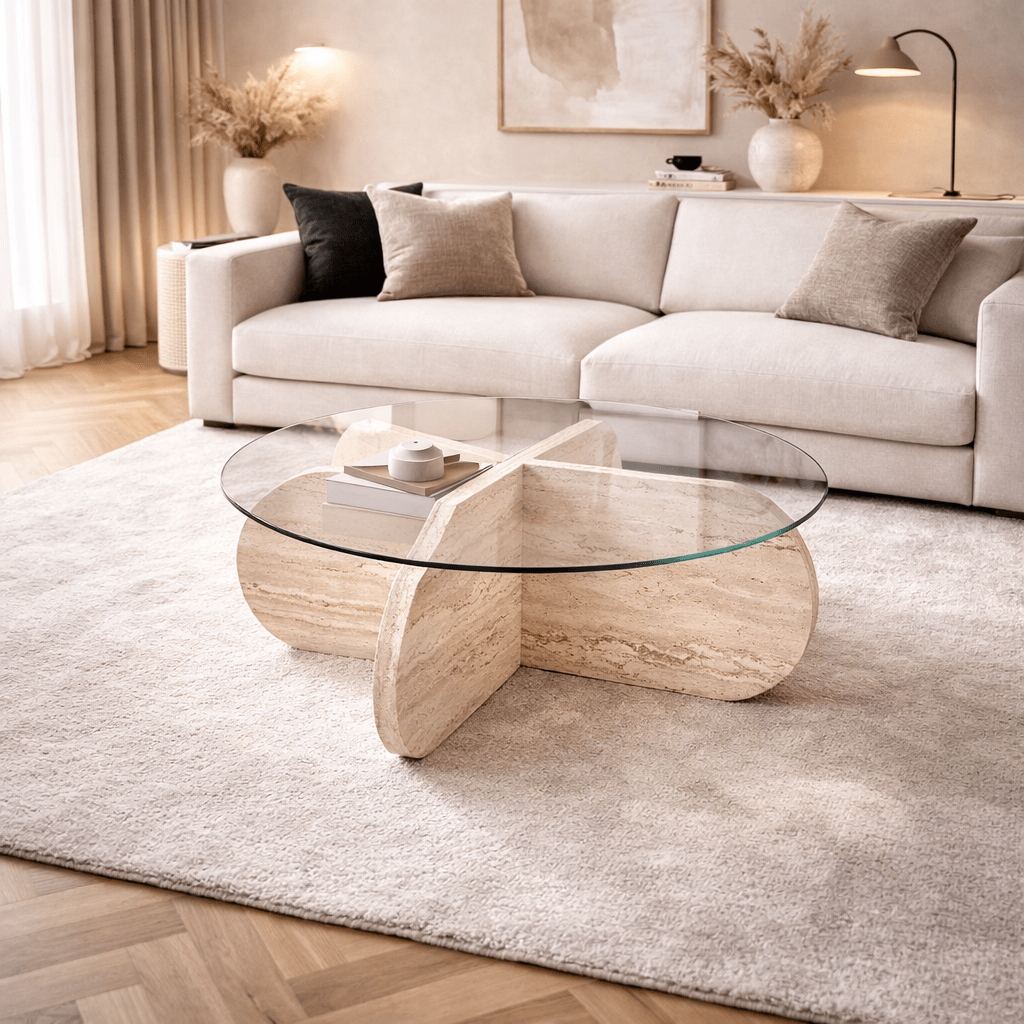 Round coffee table Aris travertine melamine and transparent glass 75 cm