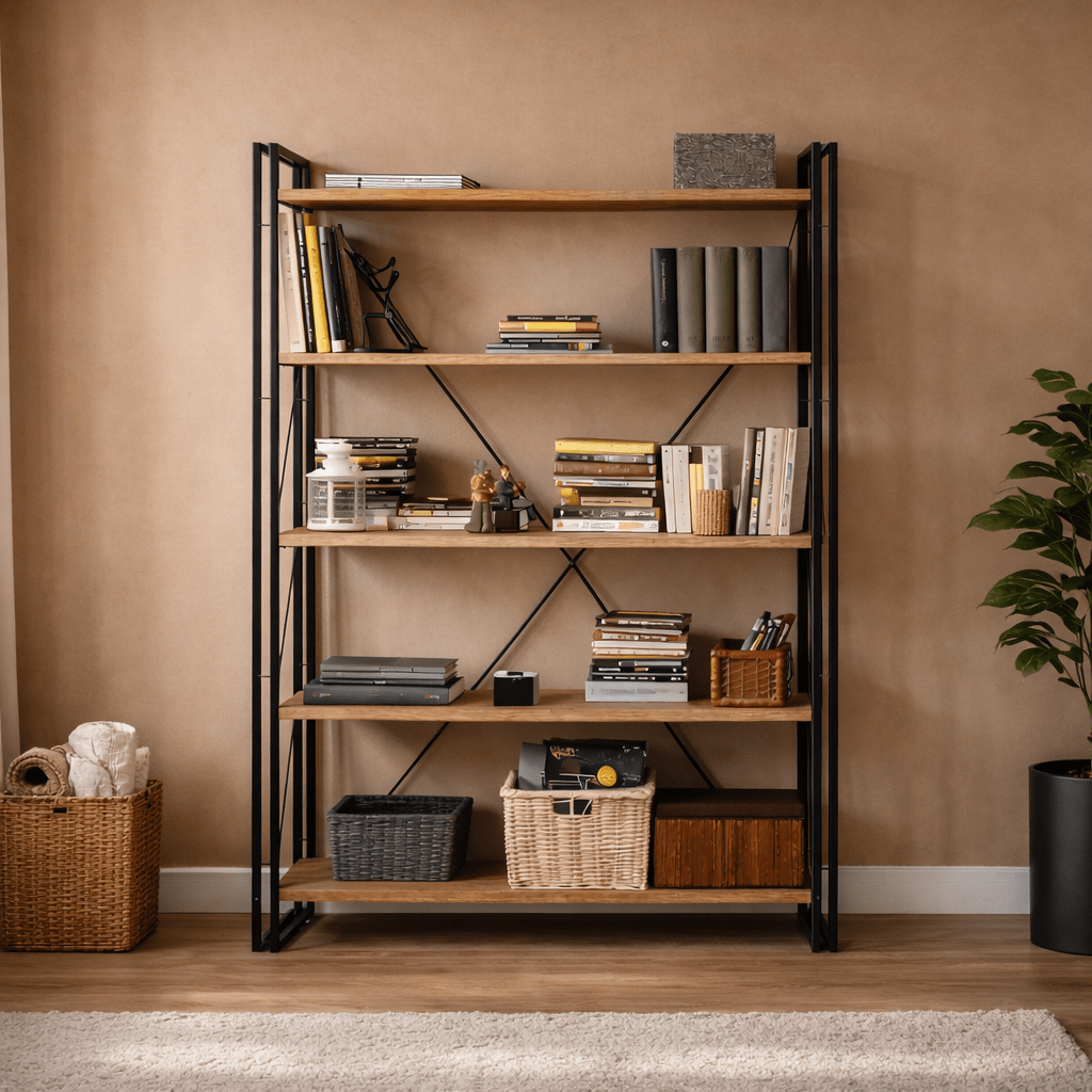 Boekenkasten - Industriële boekenkast dennenhout melamine zwart metaal Cosmo 130x180x35 cm - Dimehouse