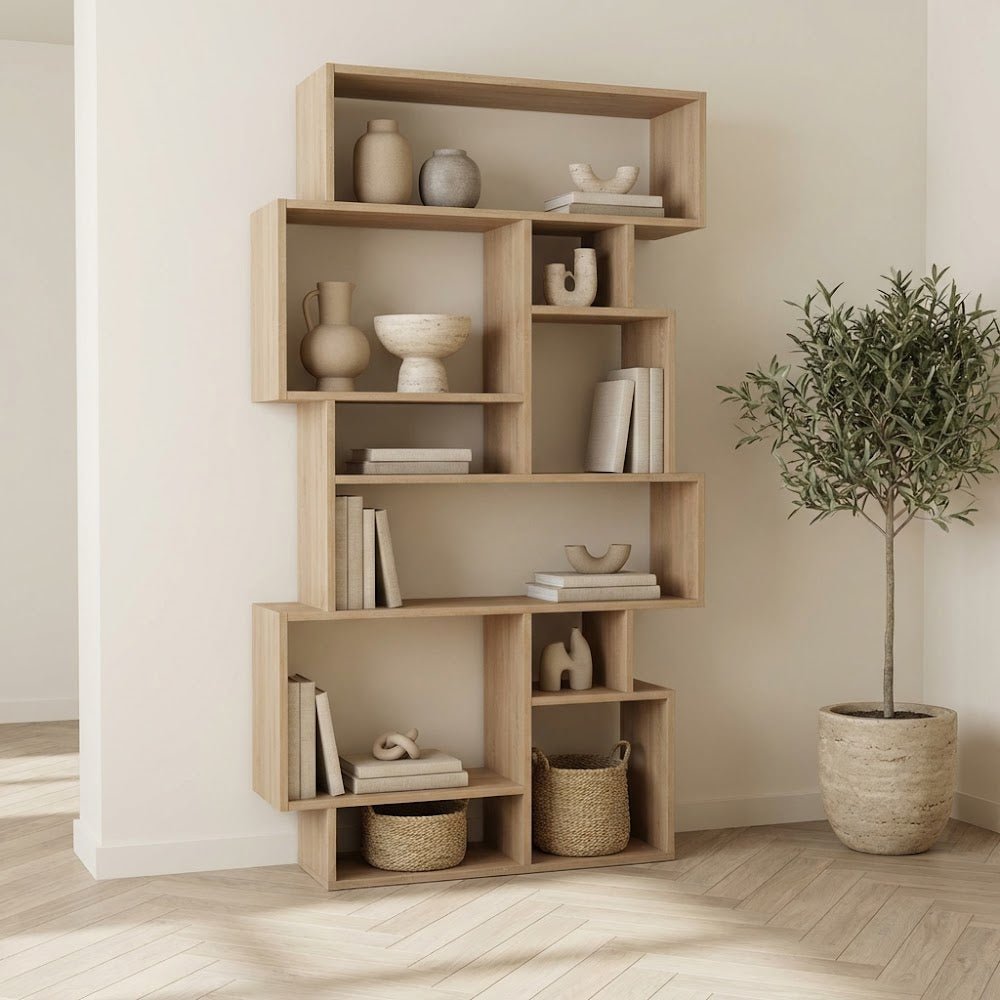 Boekenkasten - Asymmetrische boekenkast eikenlook melamine Karmato 96x168,5x25,5 cm - Dimehouse