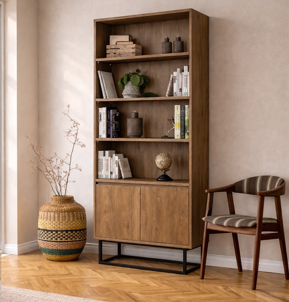 Bookcase Rea Walnut Black Melamine 80x182x36 cm