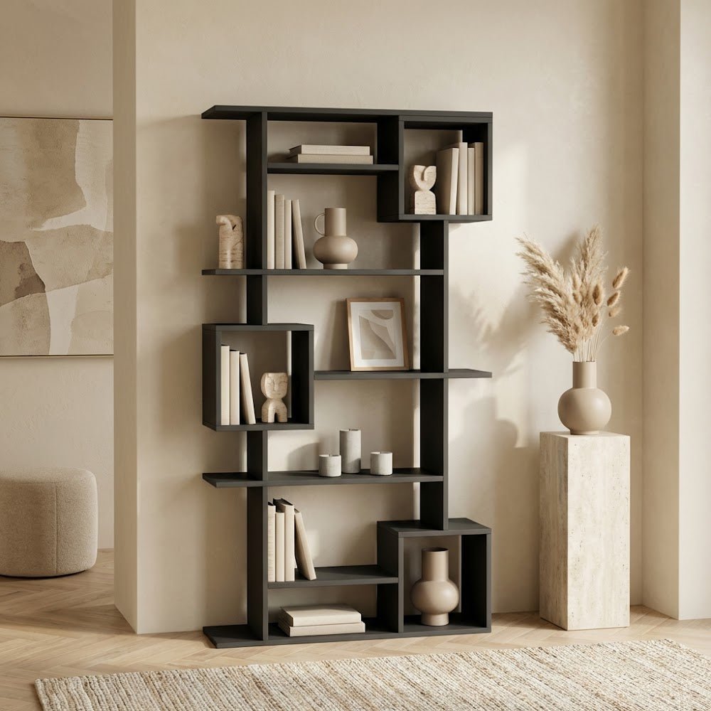 Asymmetric bookcase anthracite melamine Soto 92x173x28 cm