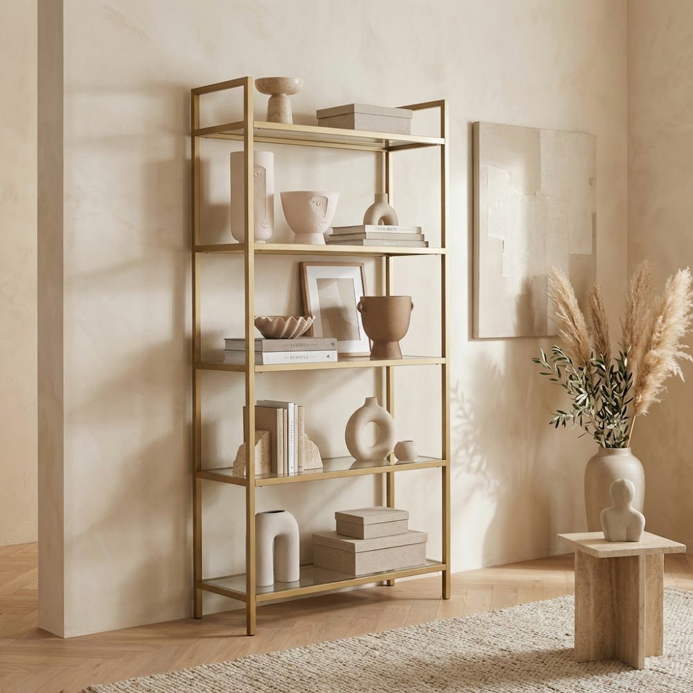 Modern chic Veneto bookcase gold metal glass 80x165x30 cm