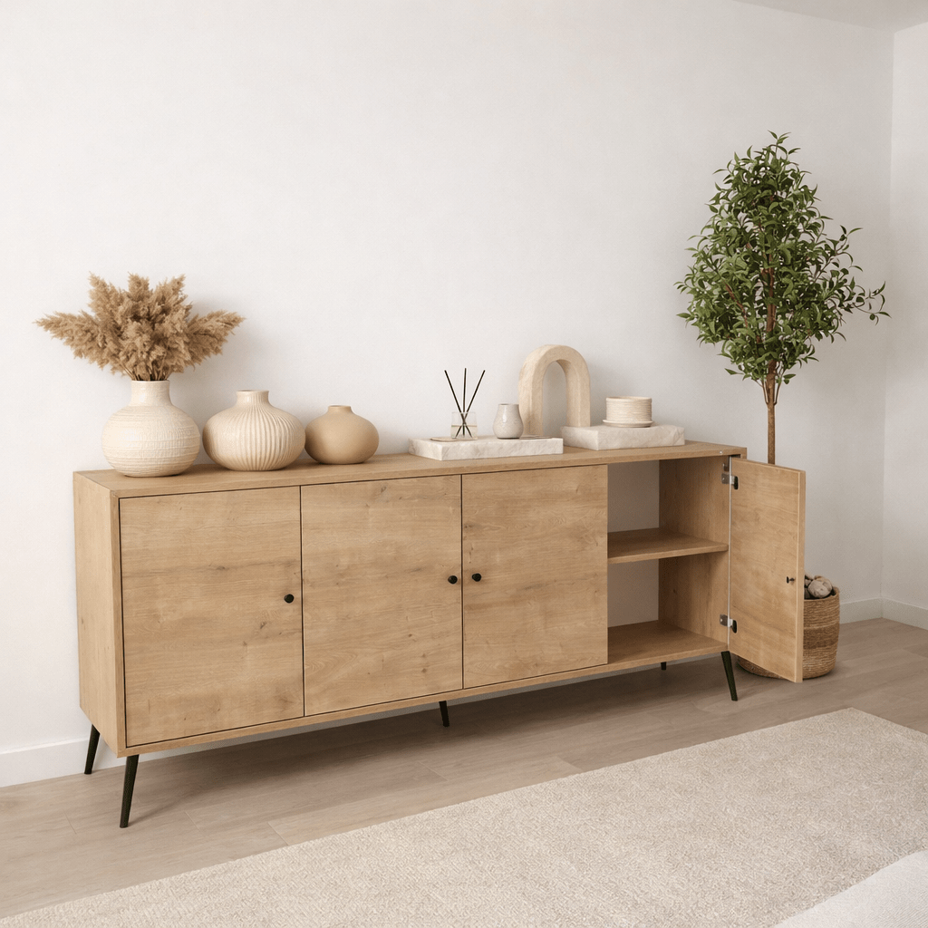 Dressoirs - Calvin Dressoir Eikenlook met soft - close 180 cm Melamine - Vier deuren - Dimehouse