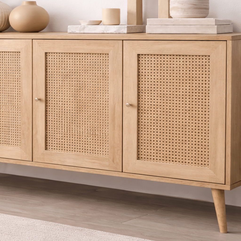 Calvin Sideboard Rattan–Oak Look with Soft-Close 180 cm Melamine