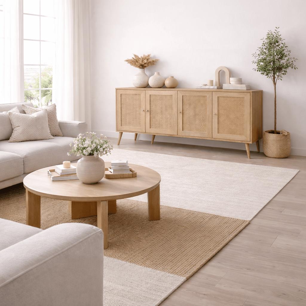 Calvin Sideboard Rattan–Oak Look with Soft-Close 180 cm Melamine