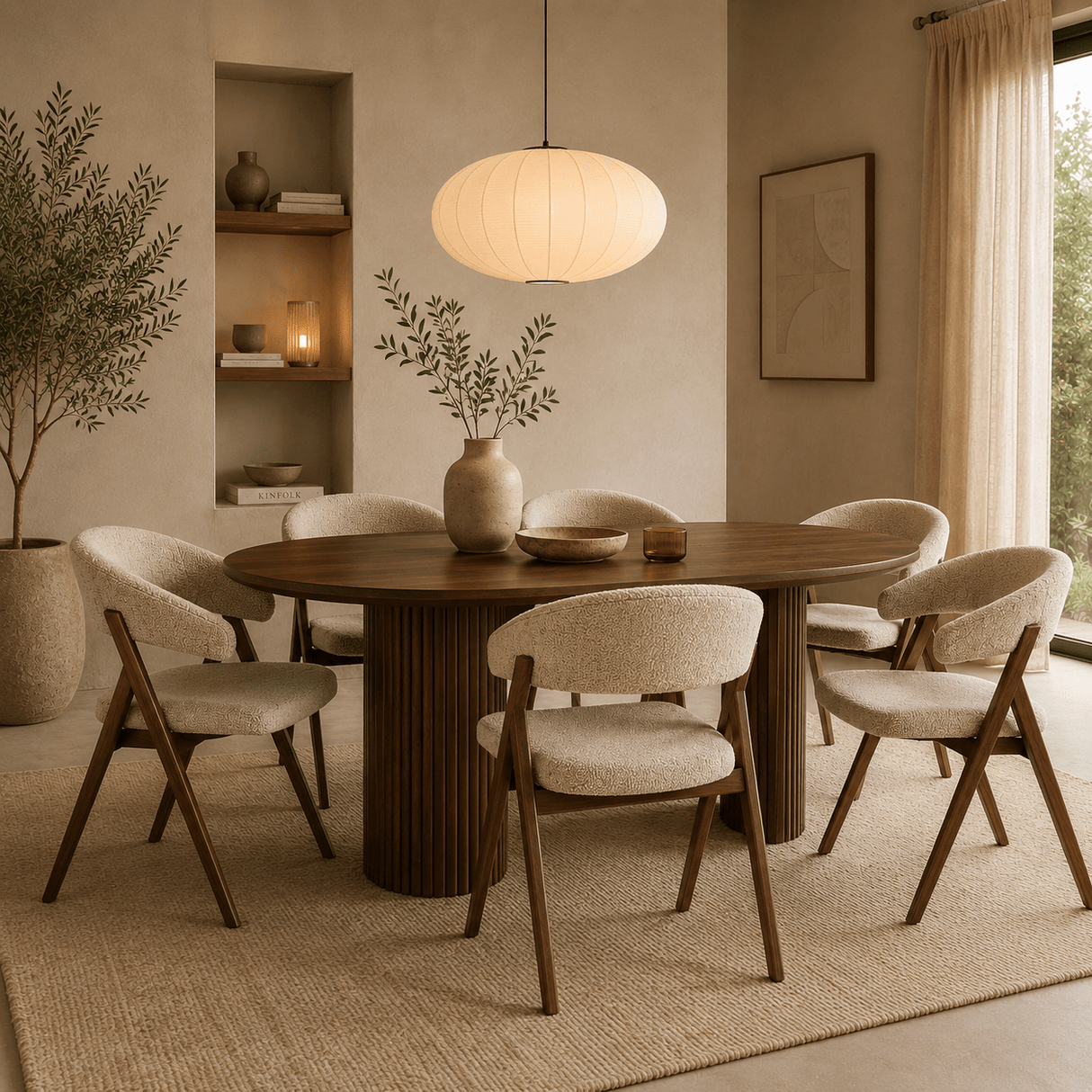Dining room chairs-Japandi dining room chair sand color bouclé Miyu - walnut frame - with armrest-Dimehouse