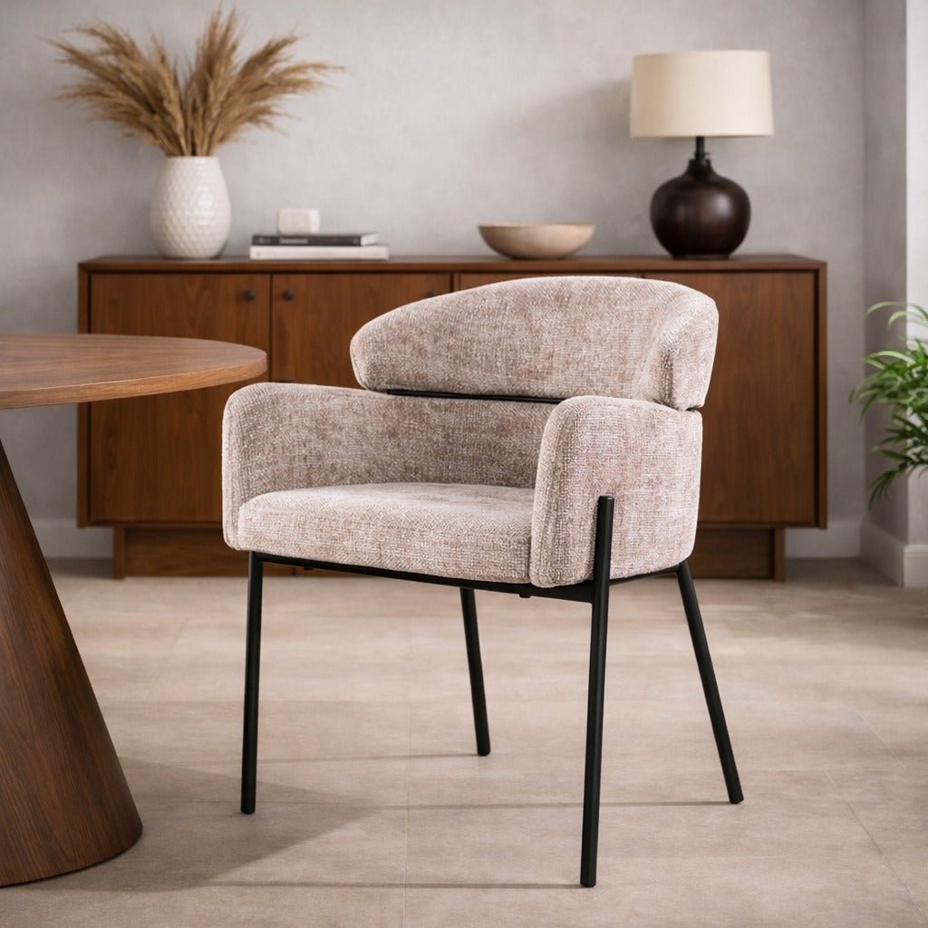 Dining chair Lola Bouclé fabric Sand color with round back and arm