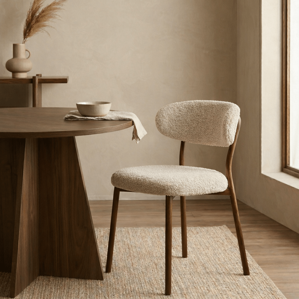 Eetkamerstoelen - Eetkamerstoel bouclé zandkleur Uma - walnootlook frame - Japandi - Dimehouse
