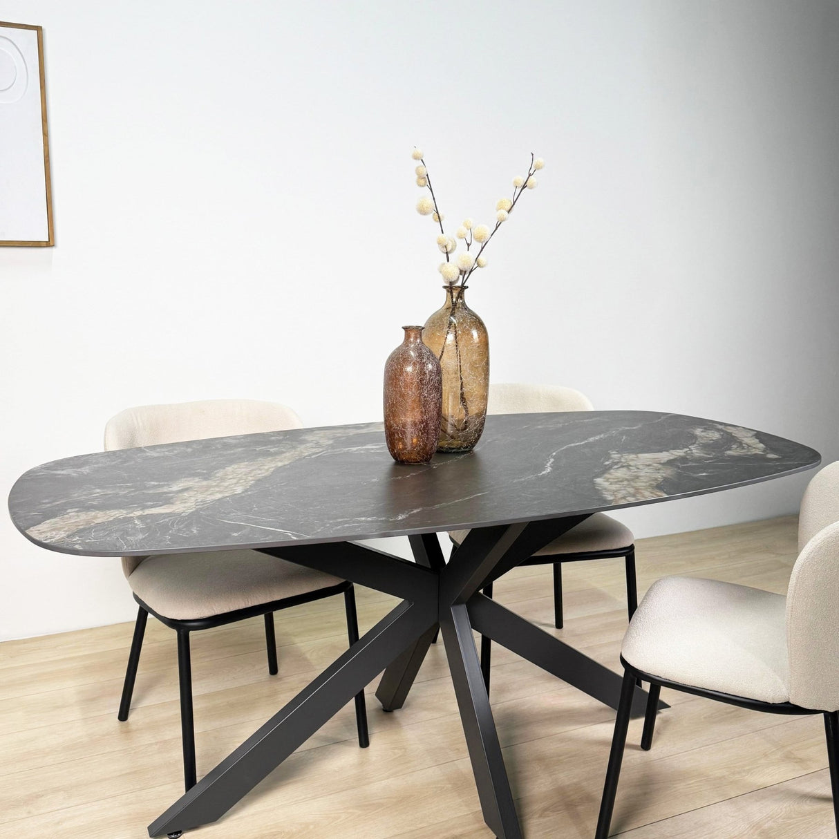 Eettafels - Eettafel Dolore 180x90 cm Deens Ovaal Marmerlook Zwart - Dimehouse