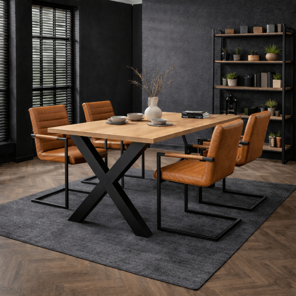 Eettafels - Eettafel Lenzo Rustiek Eiken - Zwarte X - poot - Dimehouse