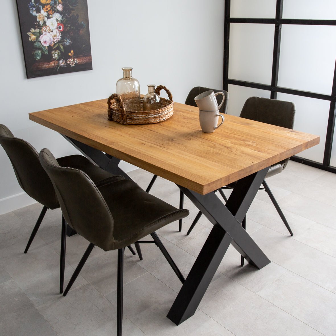 Industrial Dining Table Oak X-leg Black Rover