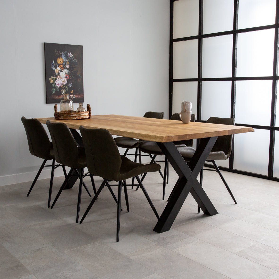 Dining Table Revi Oak - Tree Trunk Shape - Black X-Leg