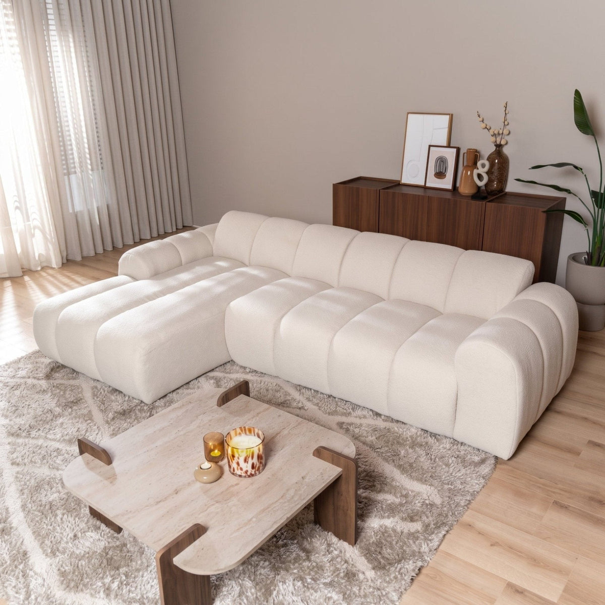 Sofas-Corner sofa with lounge beige bouclé fabric - stripes - left - Brix-Dimehouse
