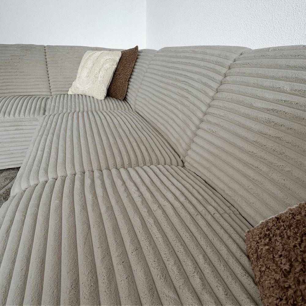 Banken - Hoekbank beige super zachte ribstof Gavi - links - Dimehouse