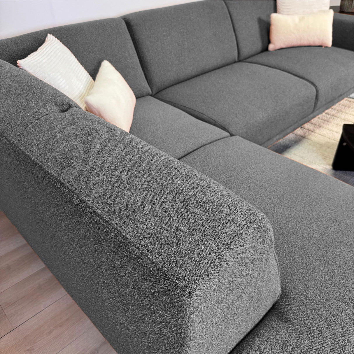 Gray bouclé fabric corner sofa Maël - left