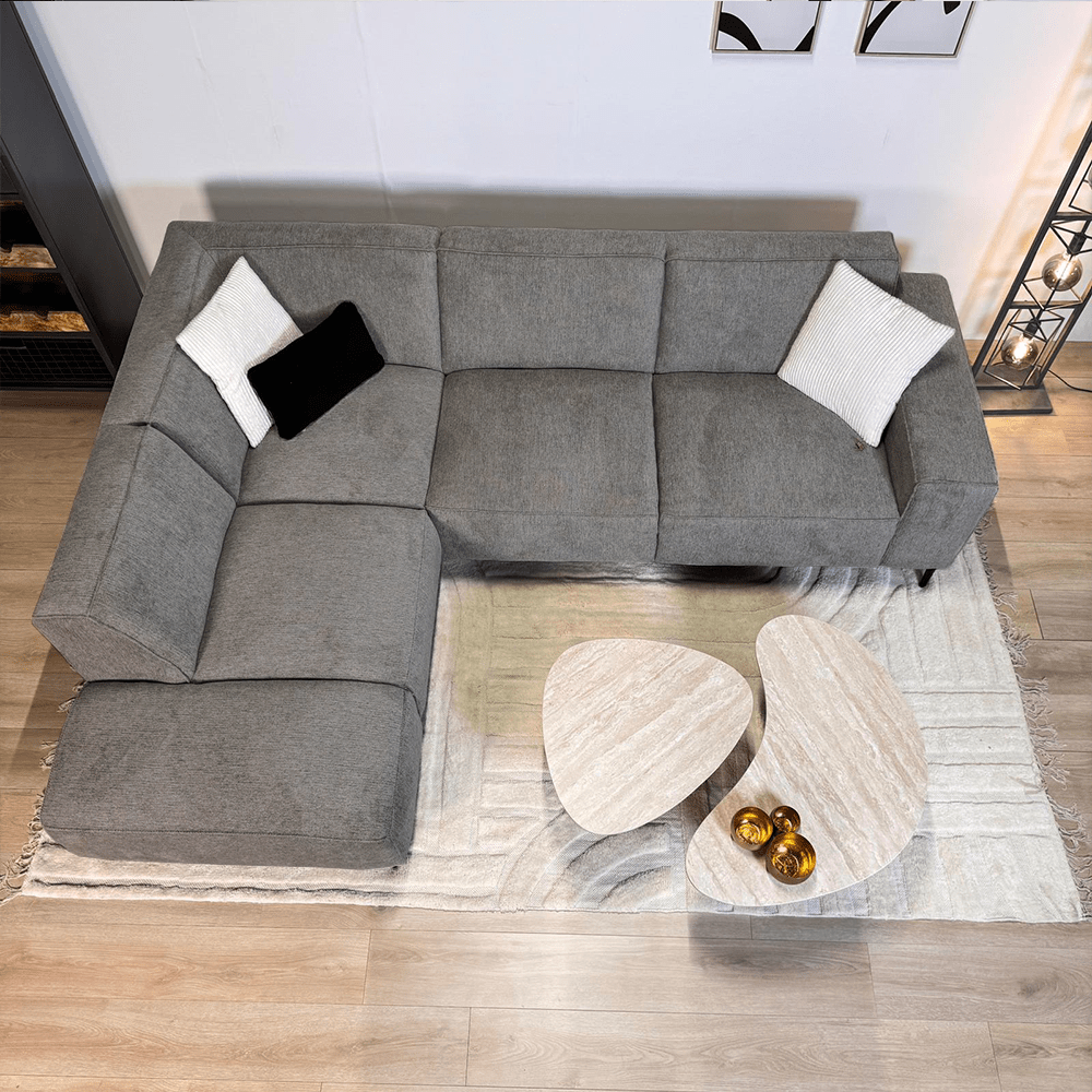 Banken - Hoekbank taupe chenille gemêleerd Ravi – links - Dimehouse