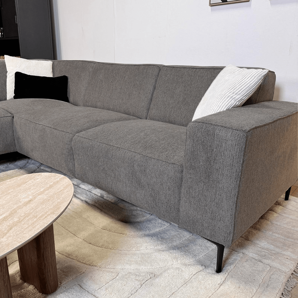 Banken - Hoekbank taupe chenille gemêleerd Ravi – links - Dimehouse