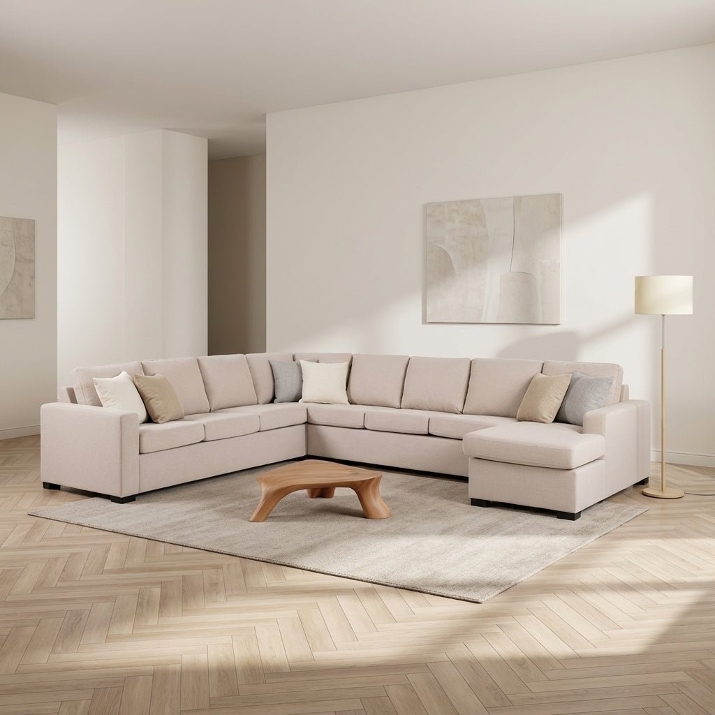 Hoekbank Caleb stof beige sfeerfoto in modern interieur